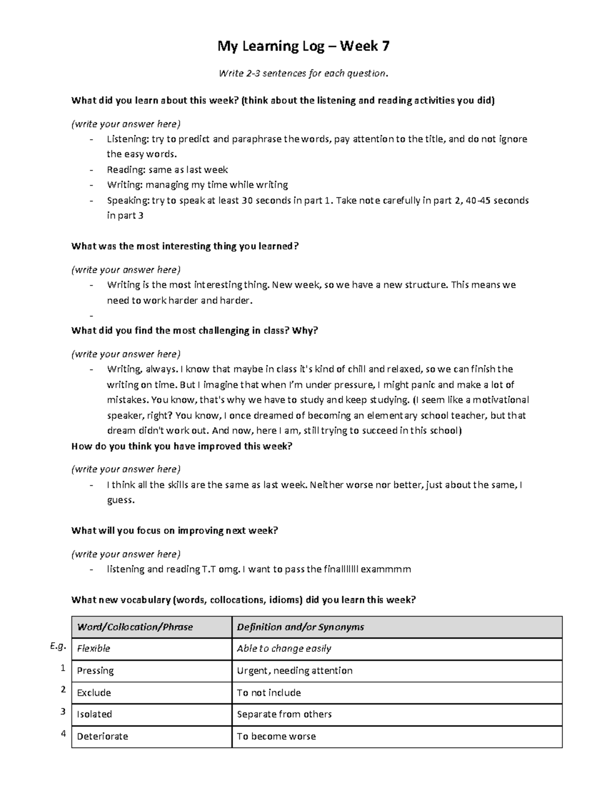 Week 7 Learning Log: Reflections on Skills and Challenges - Studocu