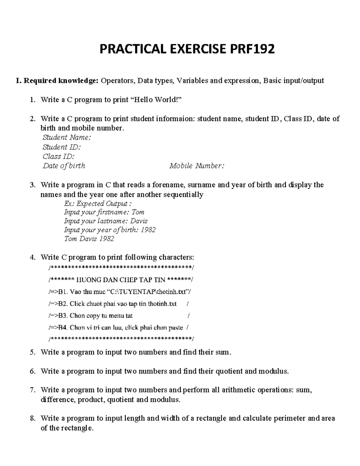 50 PRF192 Practical Exercise - PRACTICAL EXERCISE PRF I. Required ...