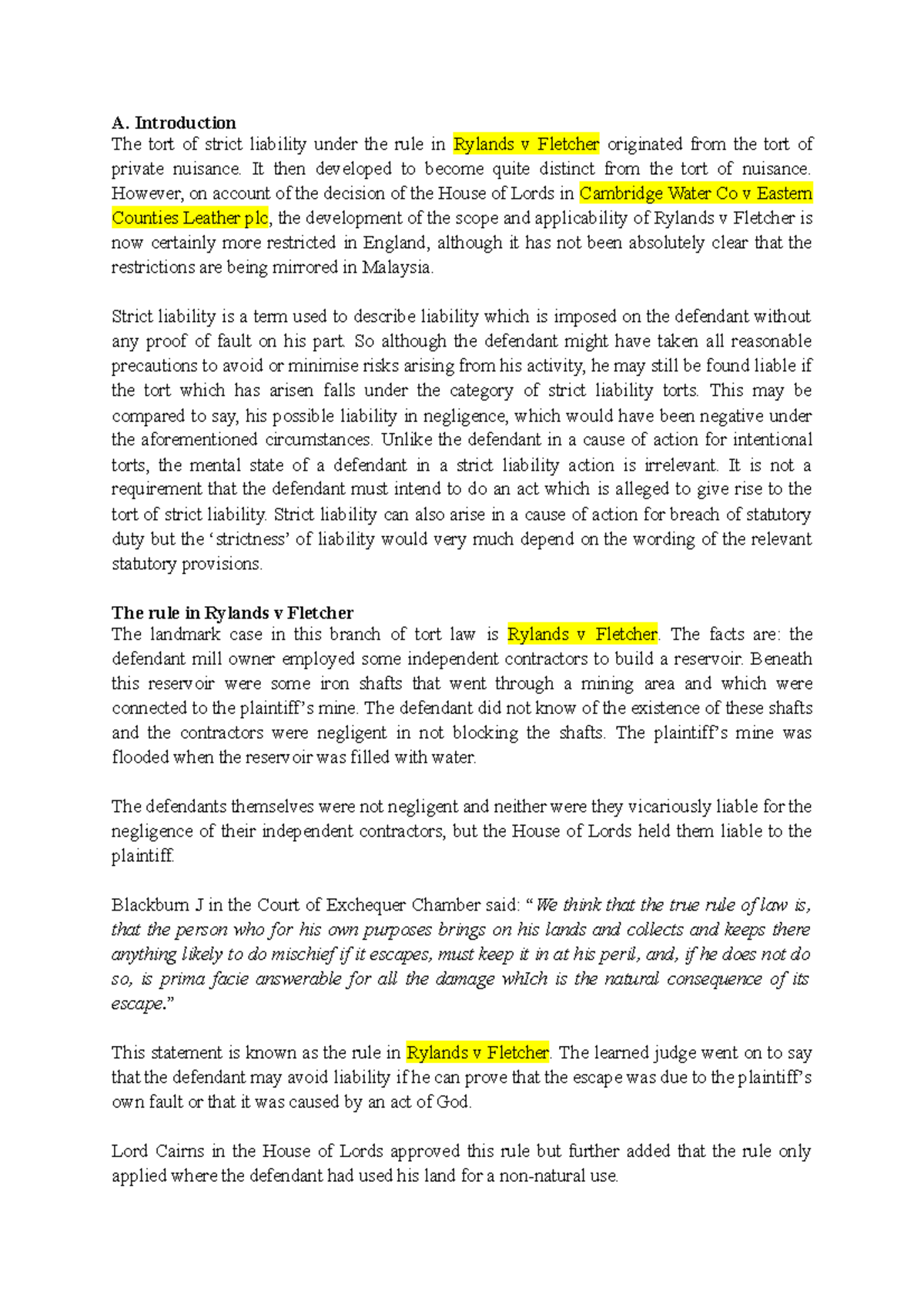 C2 Rylands v Fletcher - Comprehensive Tort Law Notes - Studocu