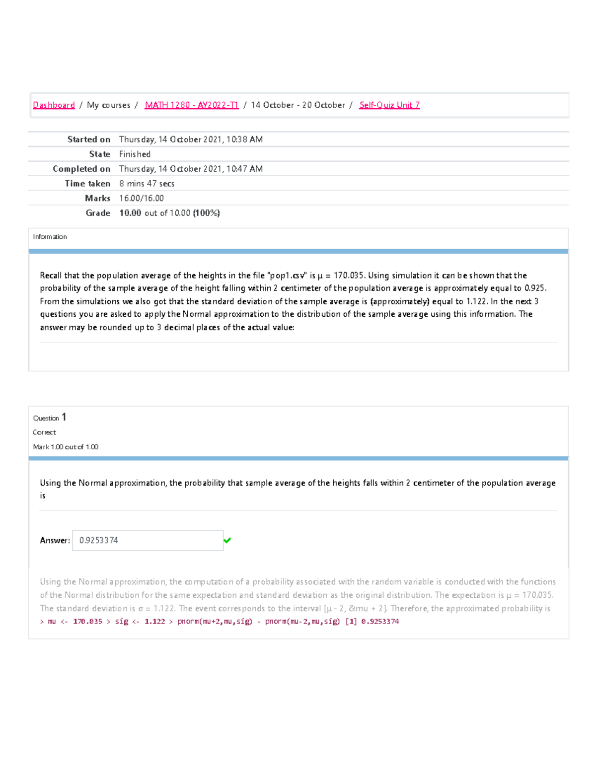 Self-Quiz Unit 7 Attempt review - Dashboard My courses MATH 1280 14 ...