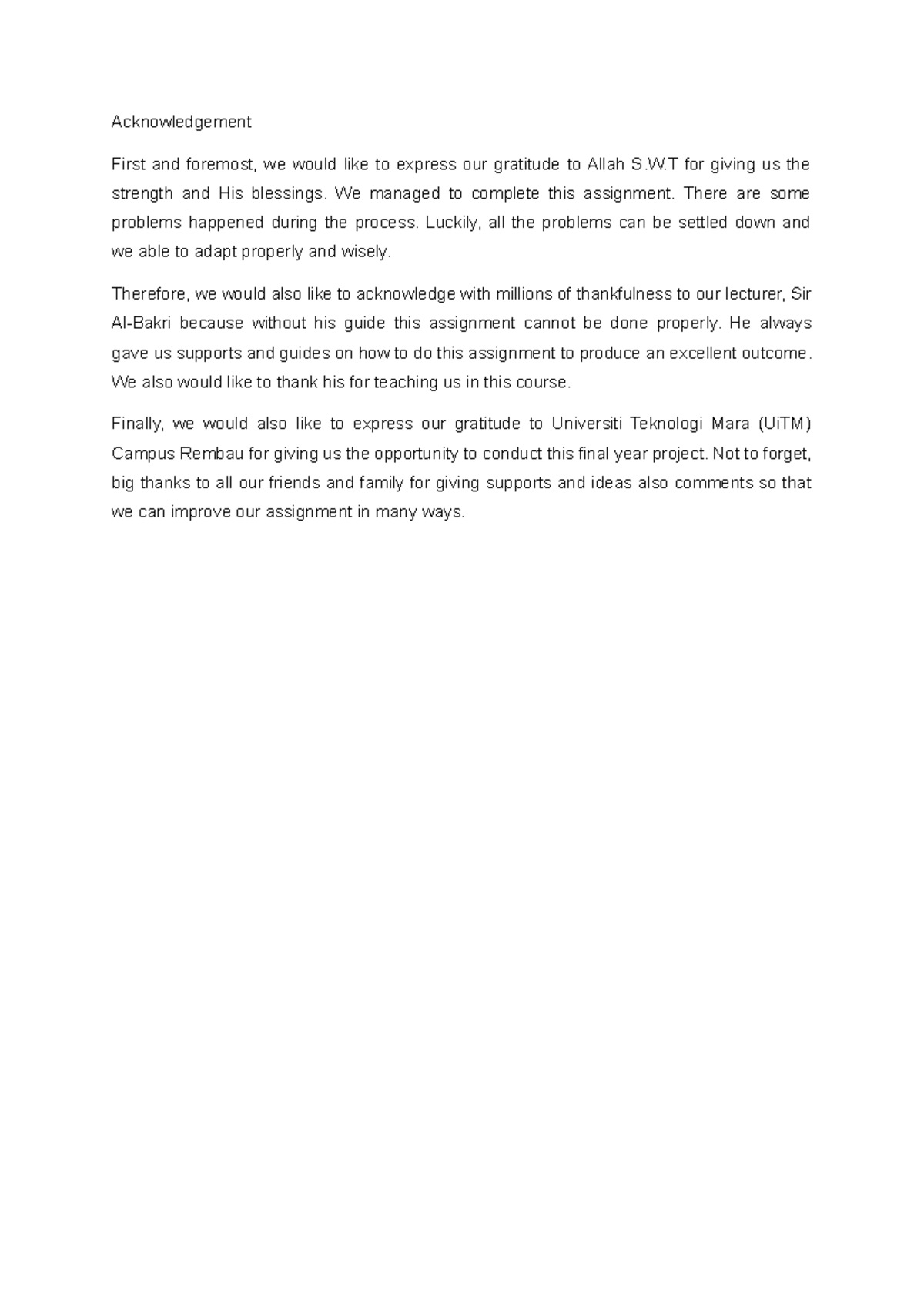 Acknowledgement of Support for Final Year Project - UiTM - Studocu
