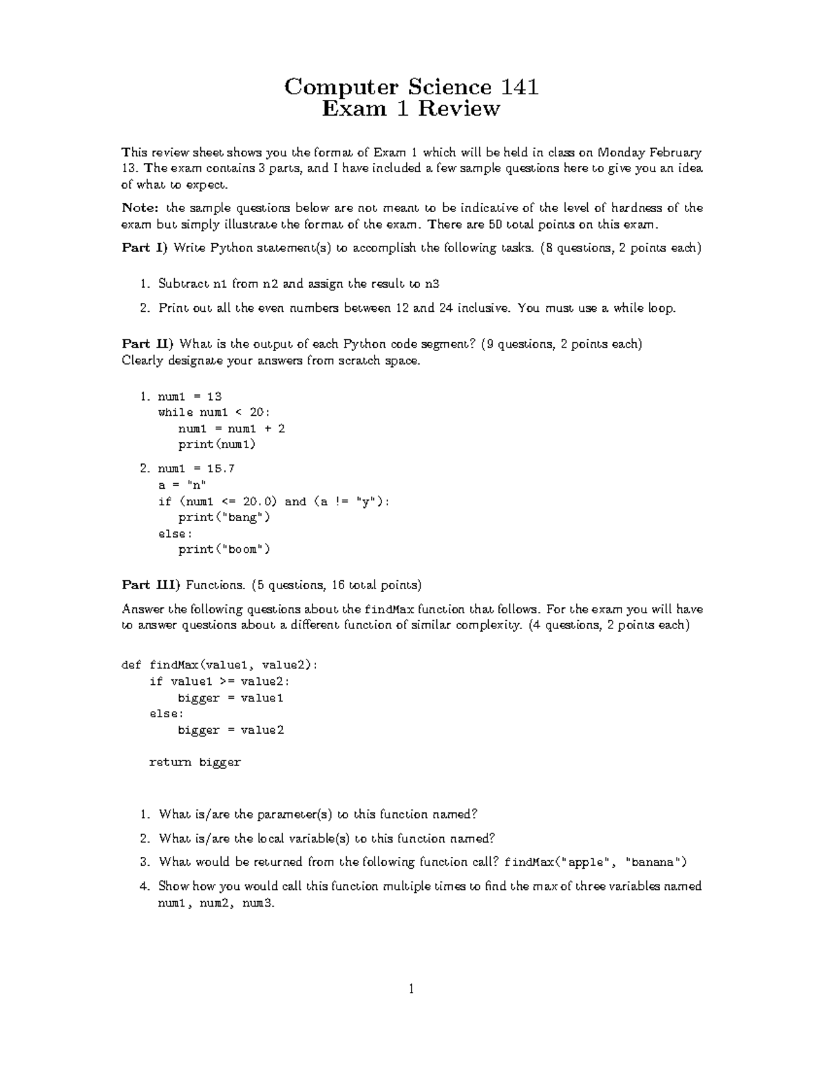 CS 141 Exam 1 Study Guide: Review and Sample Questions - Studocu