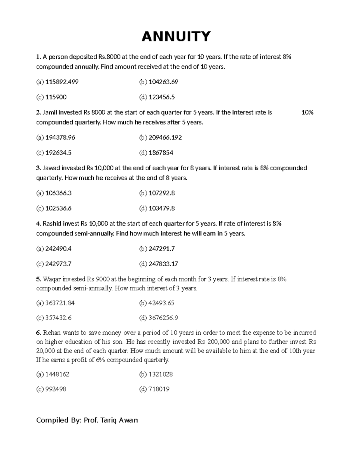 Annuity MCQs for Financial Mathematics (Course Code: 30) - Studocu