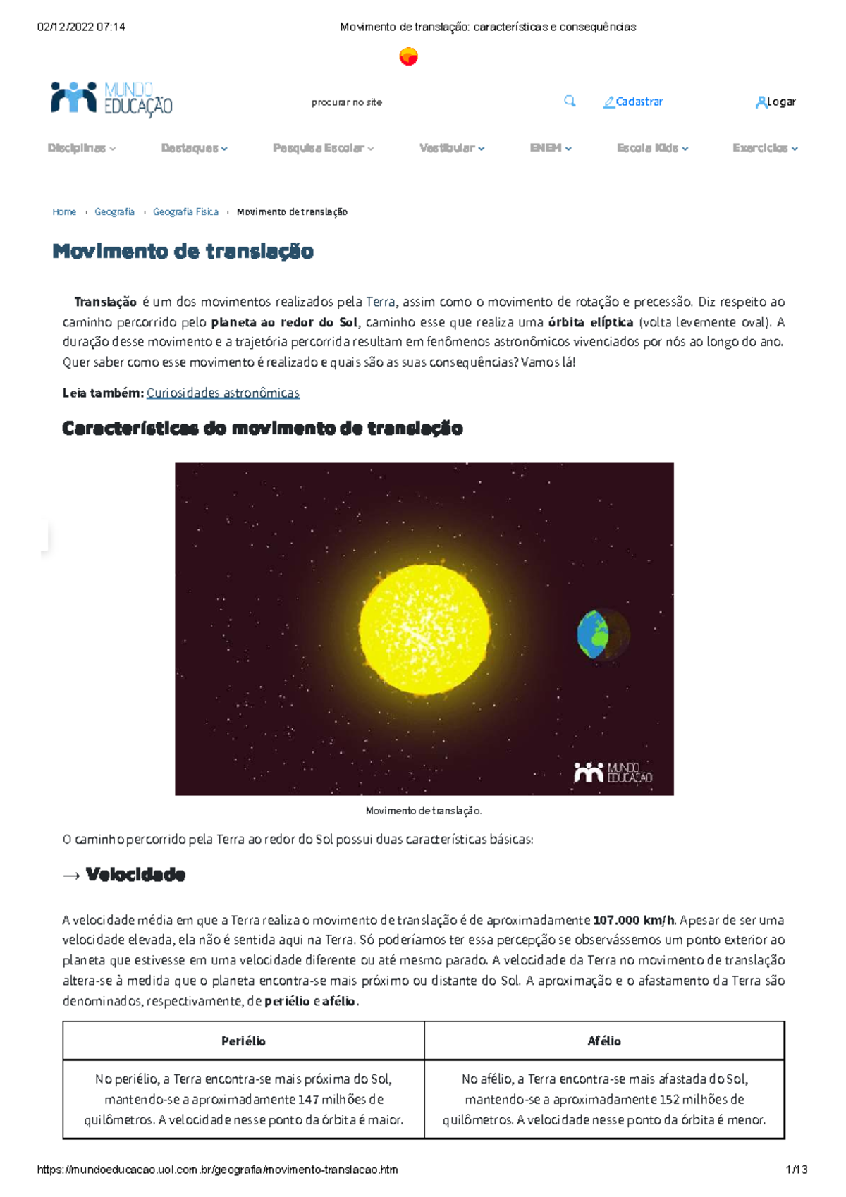 Movimento de translação características e consequências - procurar no ...
