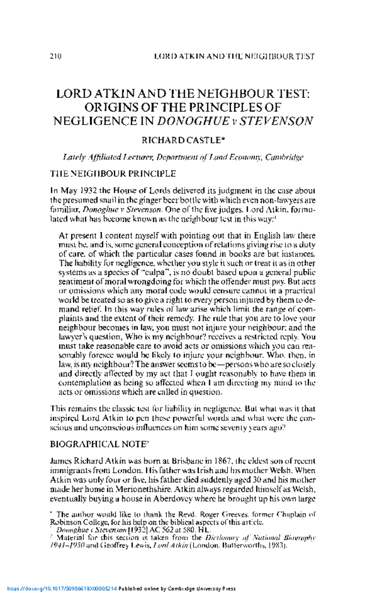 The Neighbour Principle: Understanding Lord Atkin's Test in Law - Studocu