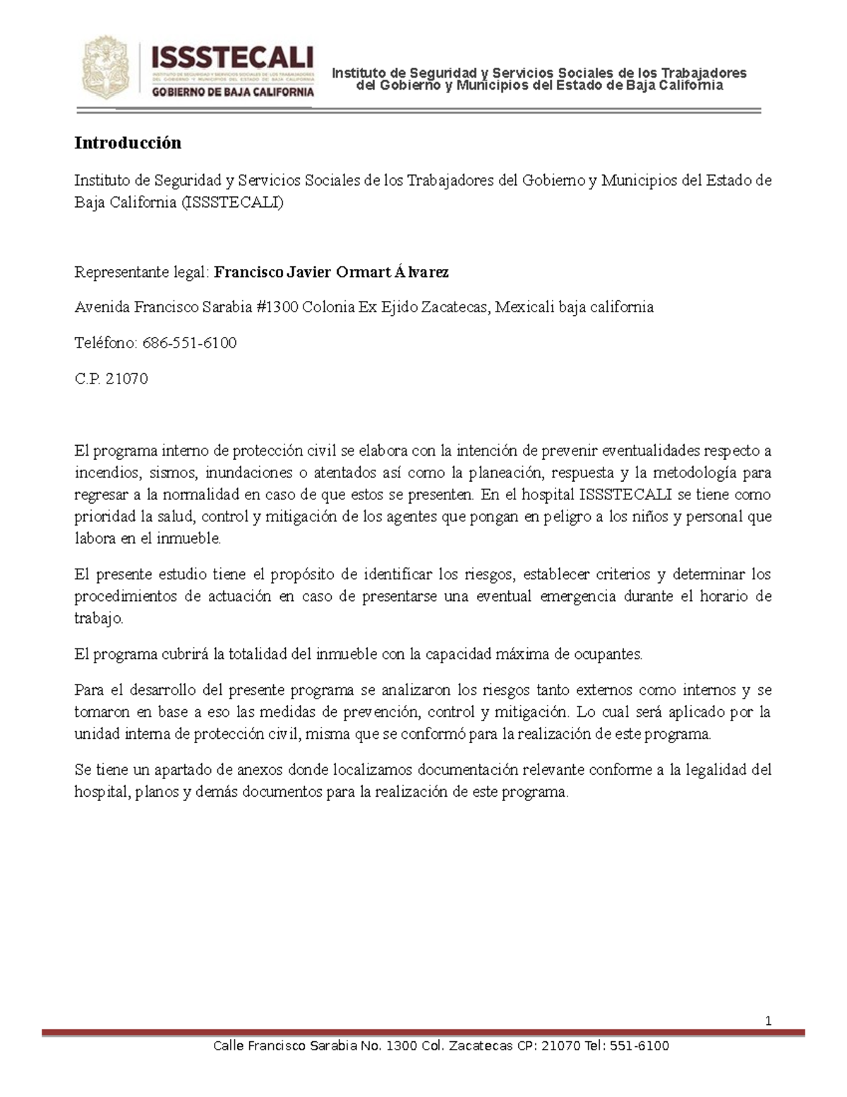 Programa Interno de Protección Civil del ISSSTECALI 2021 - Baja ...