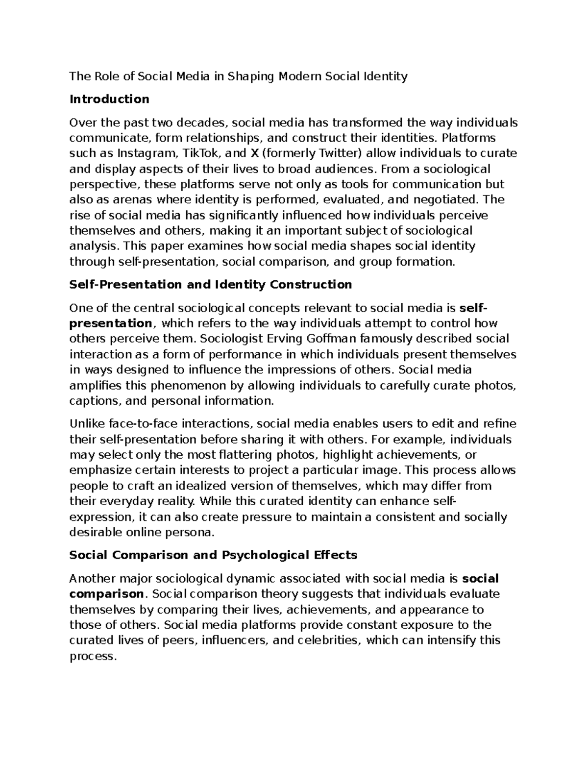 Sociology Paper: The Impact of Social Media on Identity Formation - Studocu