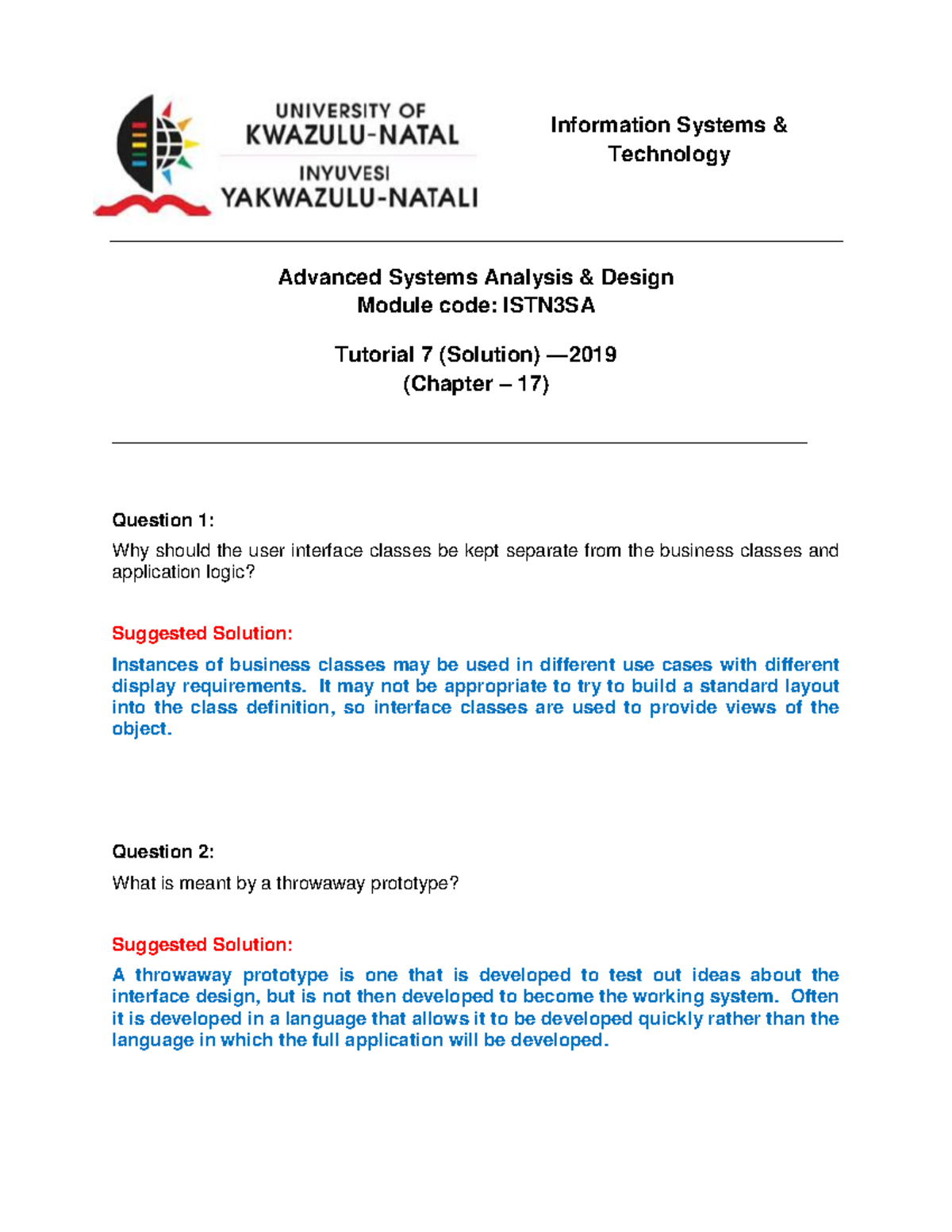 ISTN3SA Tutorial 7 - Advanced Systems Analysis Design Solutions - Studocu