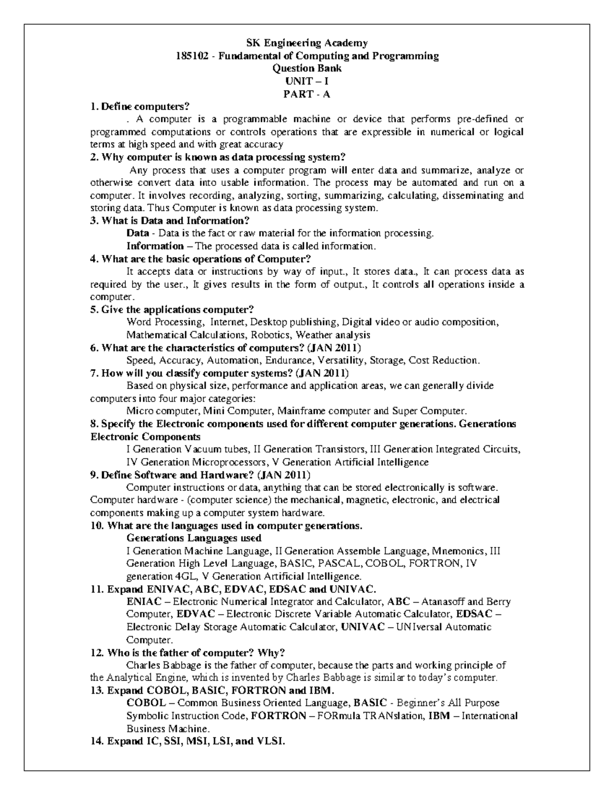 Fundamental of Computing and Programming Q Bank I - Unit 1 Essentials ...