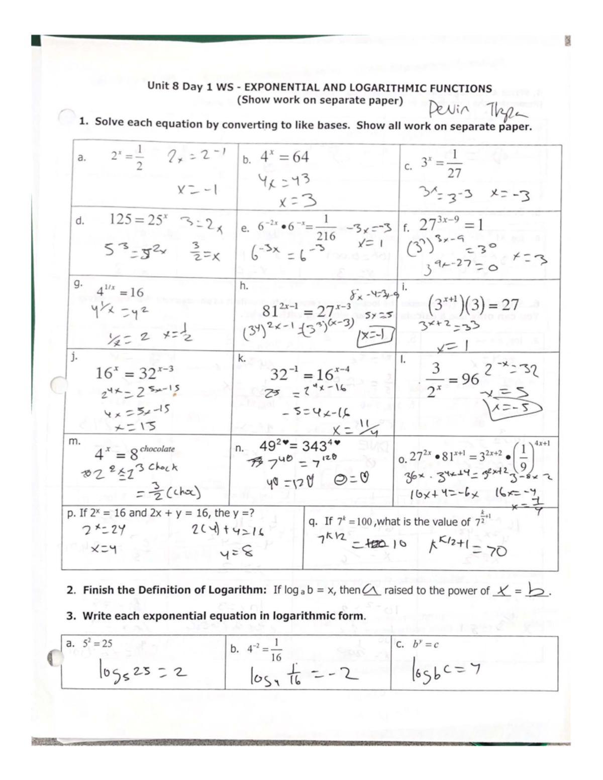 Unit 8 Day 1 WS - Exponential & Logarithmic Functions - Studocu