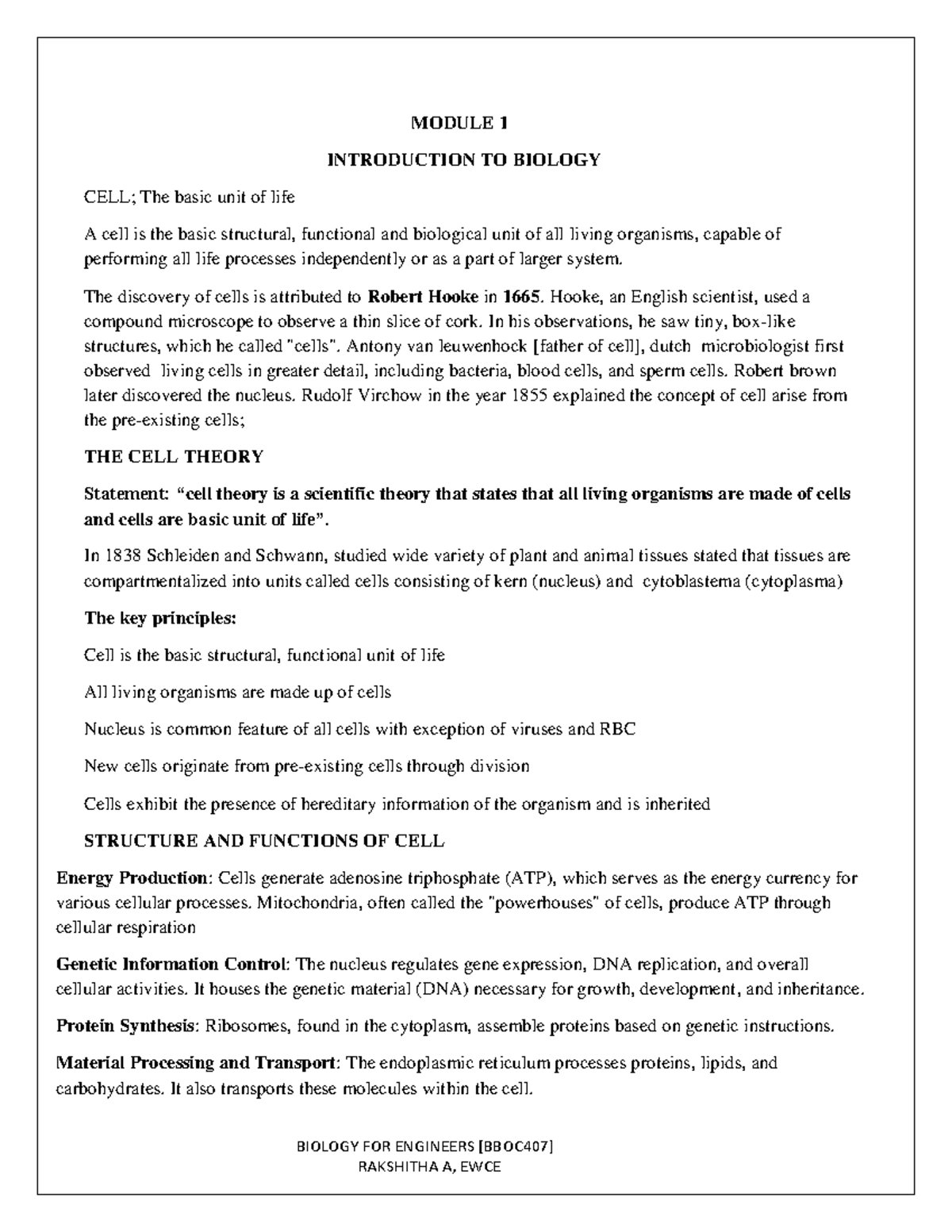 BBOC407 Module 1: Introduction to Biology - Cell Structure & Function ...