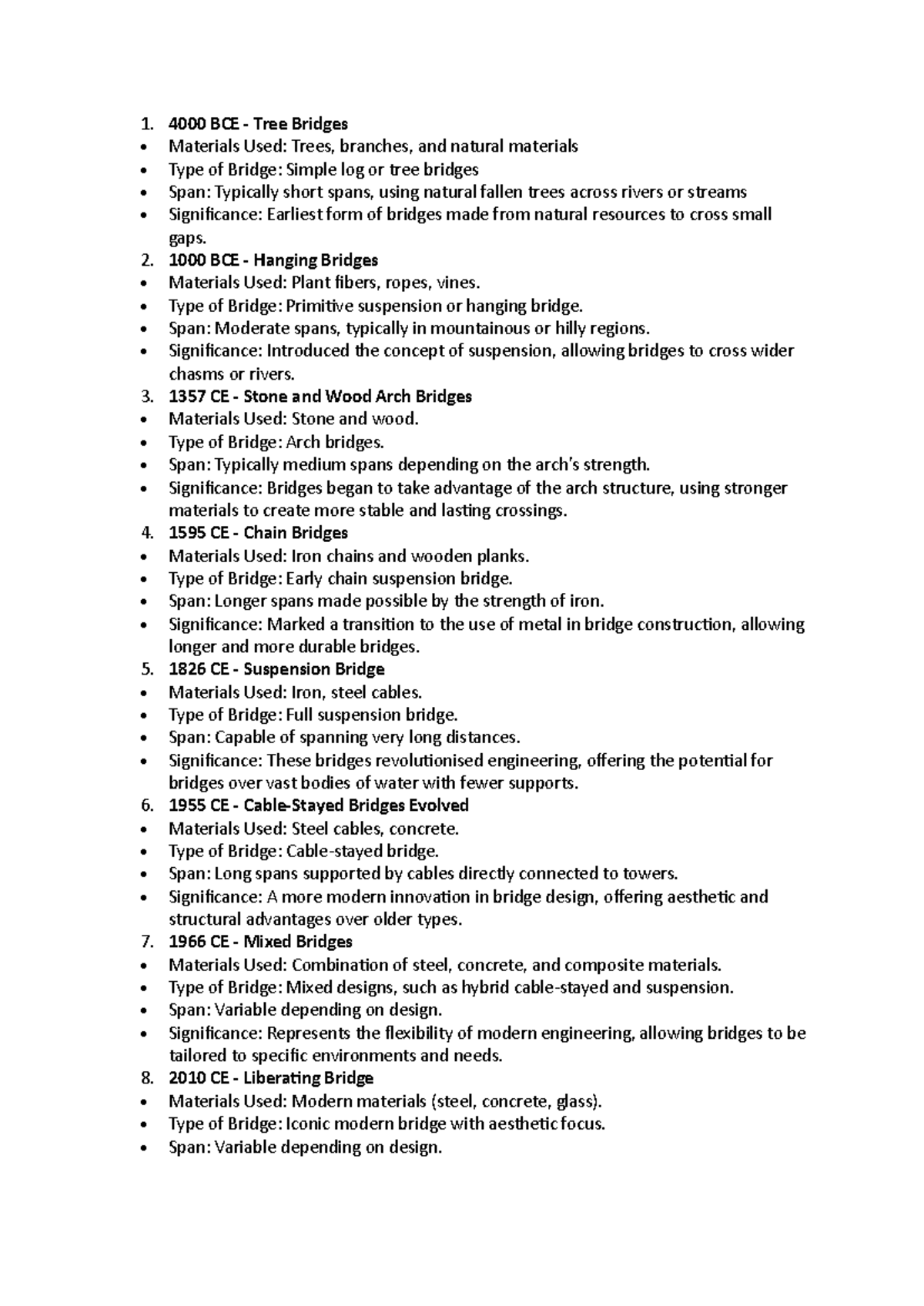 Bridges Timeline - 1. 4000 BCE - Tree Bridges • Materials Used: Trees ...