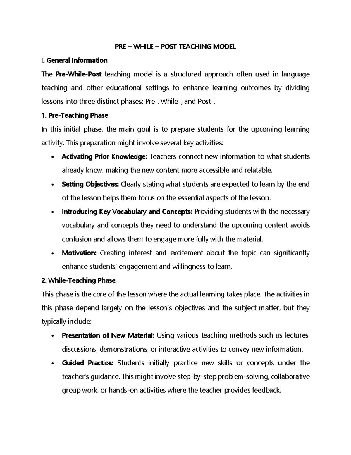 PWP 1 - Pre While Post Teaching Model Overview and Procedures - Studocu