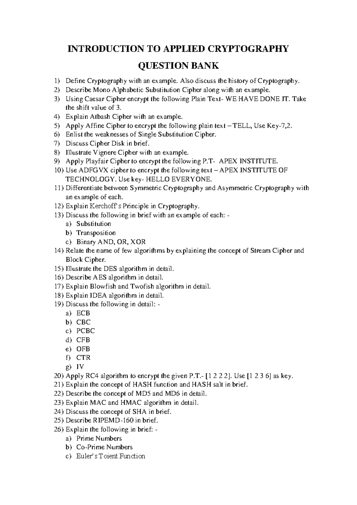 QB- Comprehensive Question Bank on Applied Cryptography - Studocu