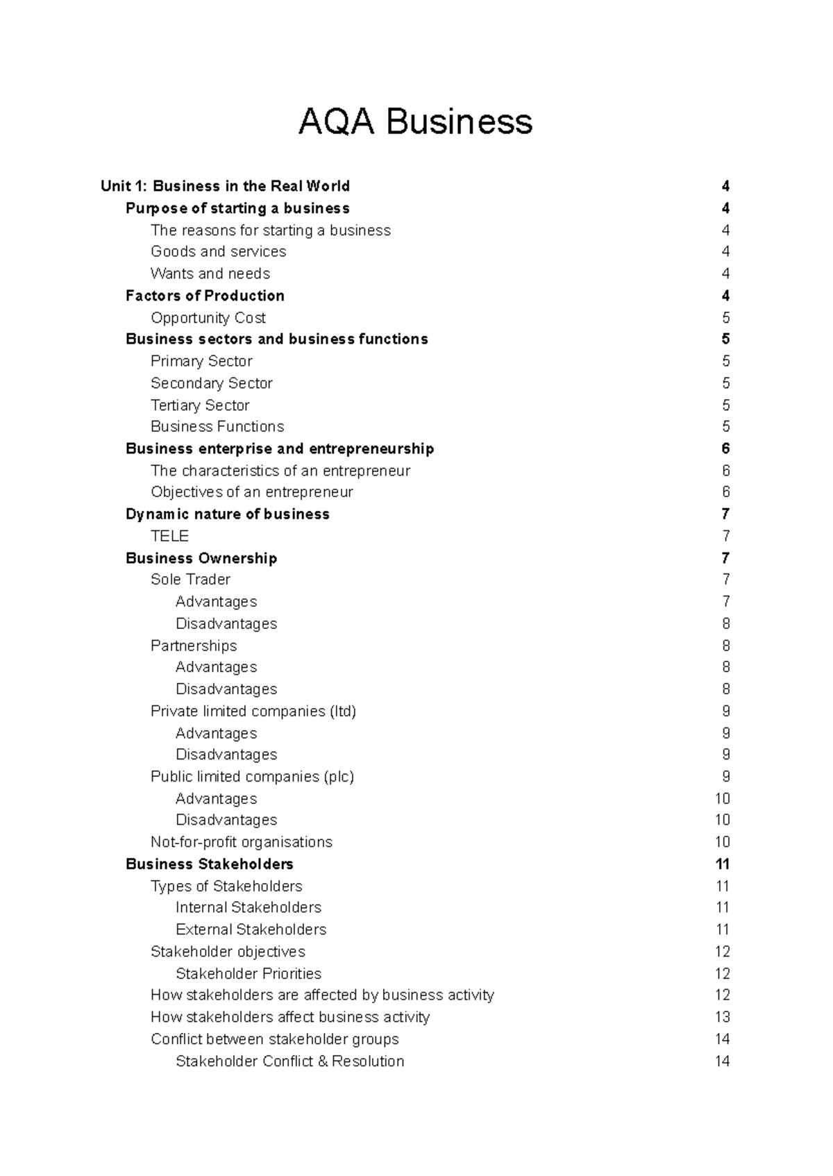 AQA GCSE Business Unit 1: Understanding Business Fundamentals and ...
