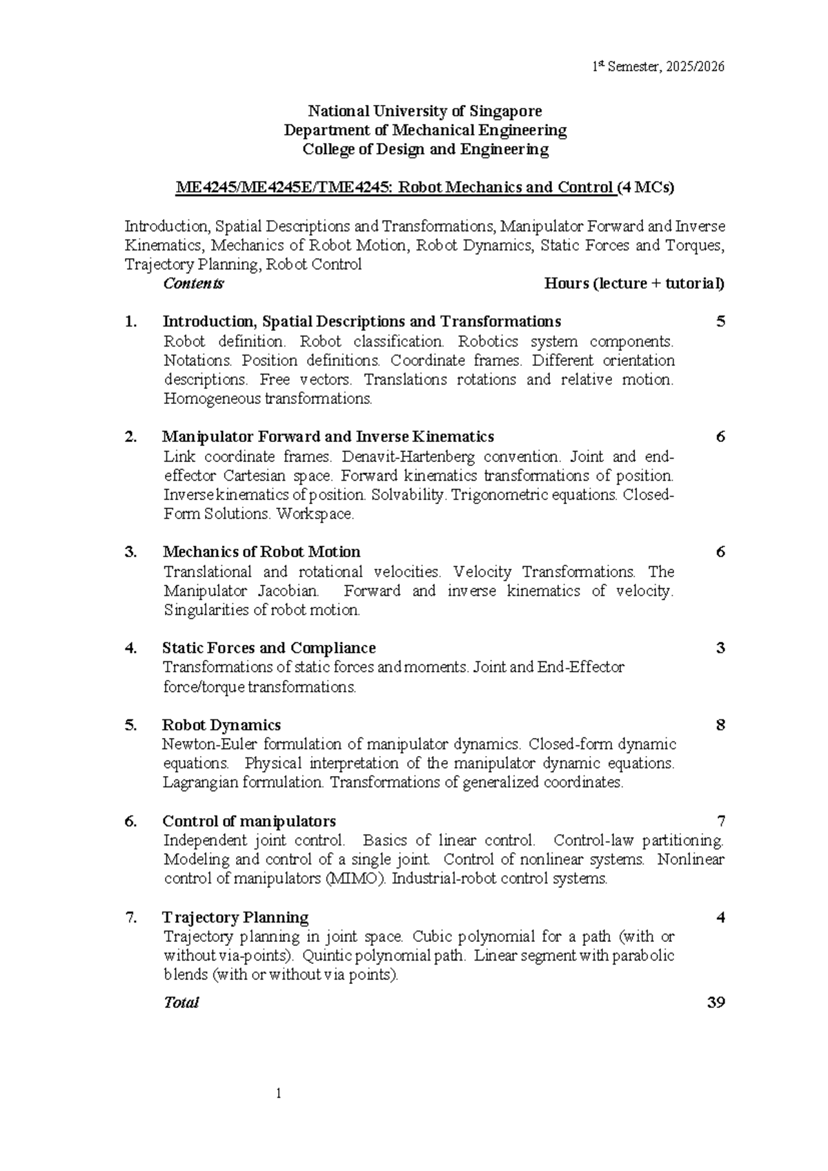 ME4245: Robot Mechanics and Control Syllabus Overview - Studocu