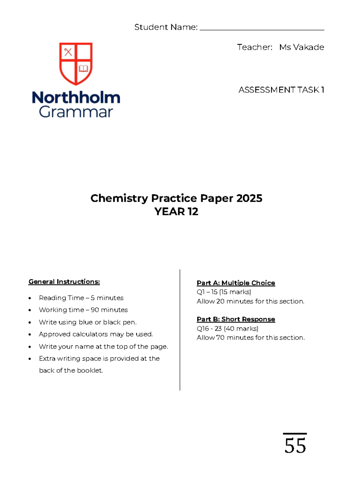 Chemistry Practice Paper 2025 - Year 12 Assessment Task 1 - Studocu