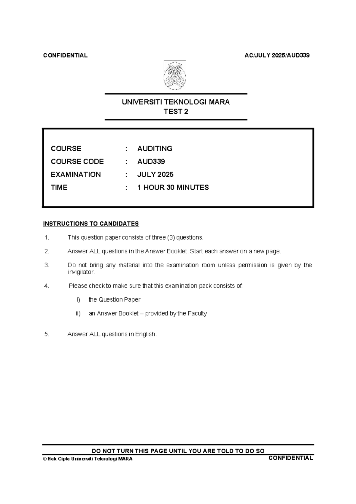 Q2 Test July 2025 - AUD339 Auditing Examination Paper - Studocu