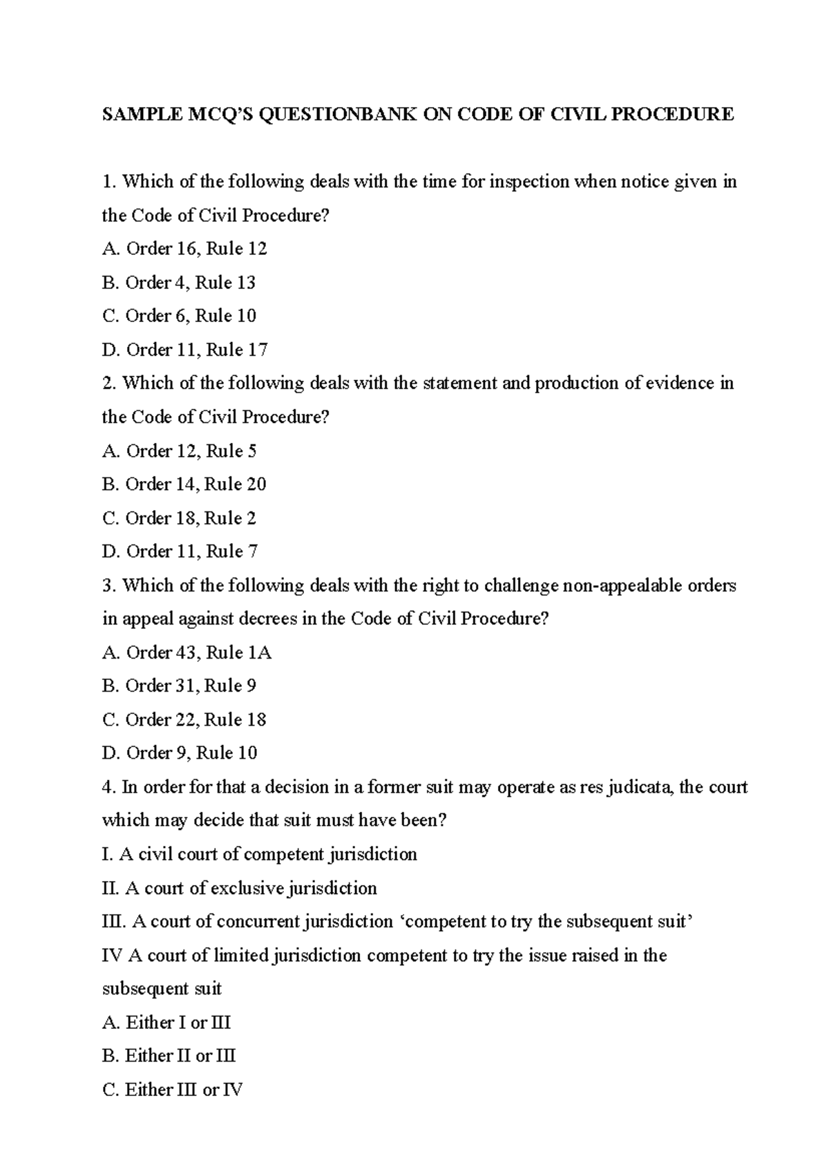 MCQ CODE OF Civil Procedure - SAMPLE MCQ’S QUESTIONBANK ON CODE OF ...