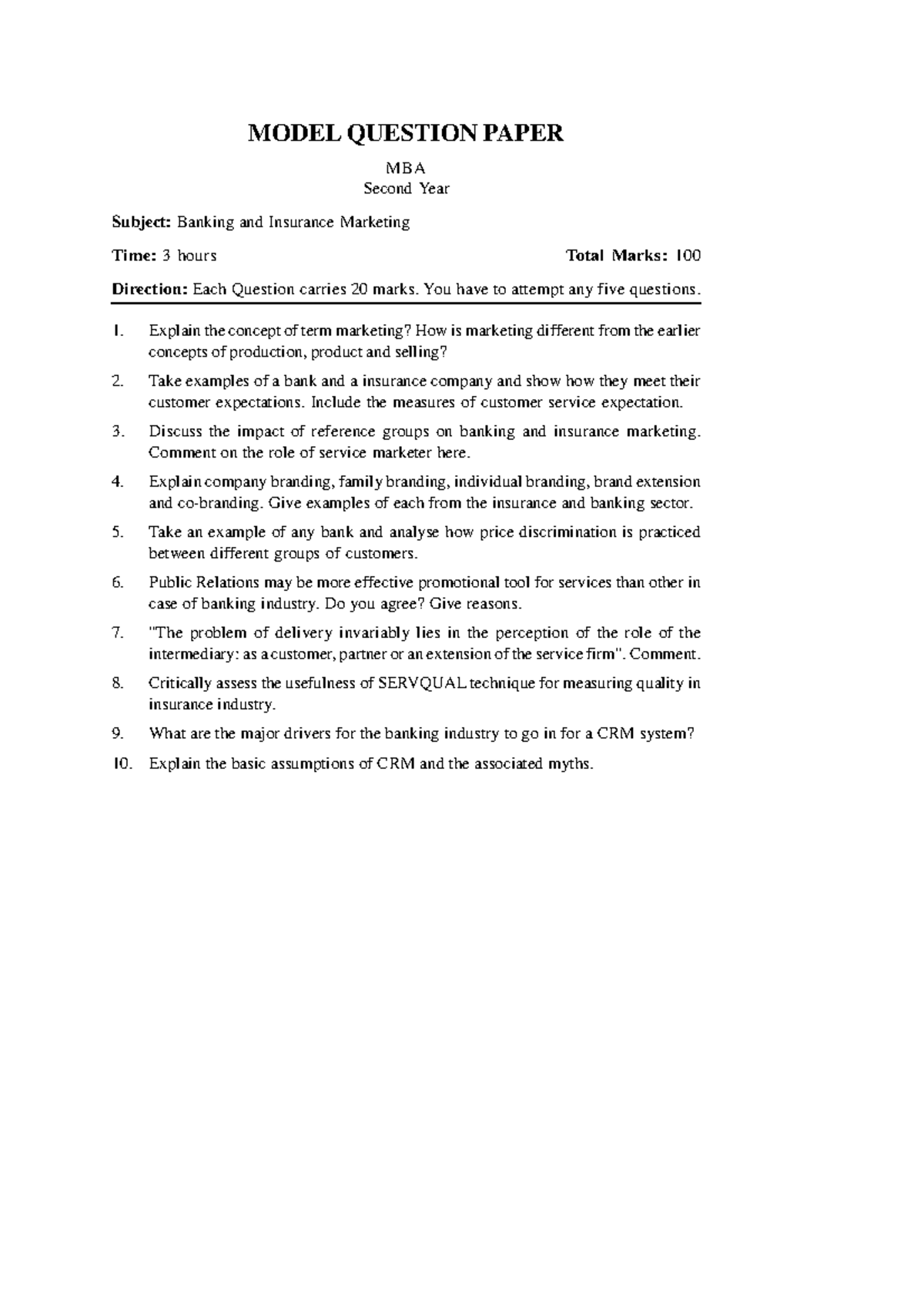 Model Question Paper: MBA 2nd Year - Banking & Insurance Marketing ...