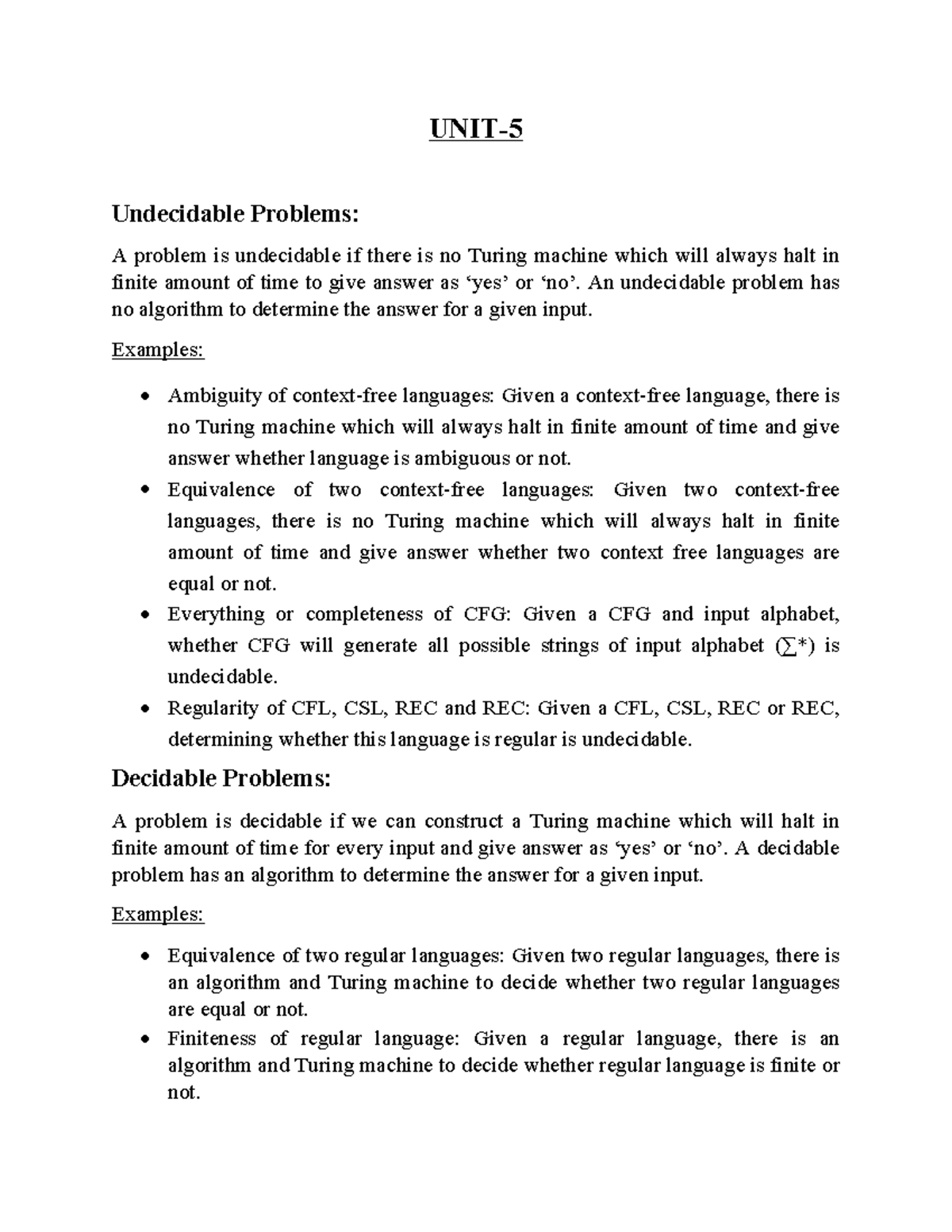 Automata Unit 5 - important - UNIT- Undecidable Problems: A problem is ...
