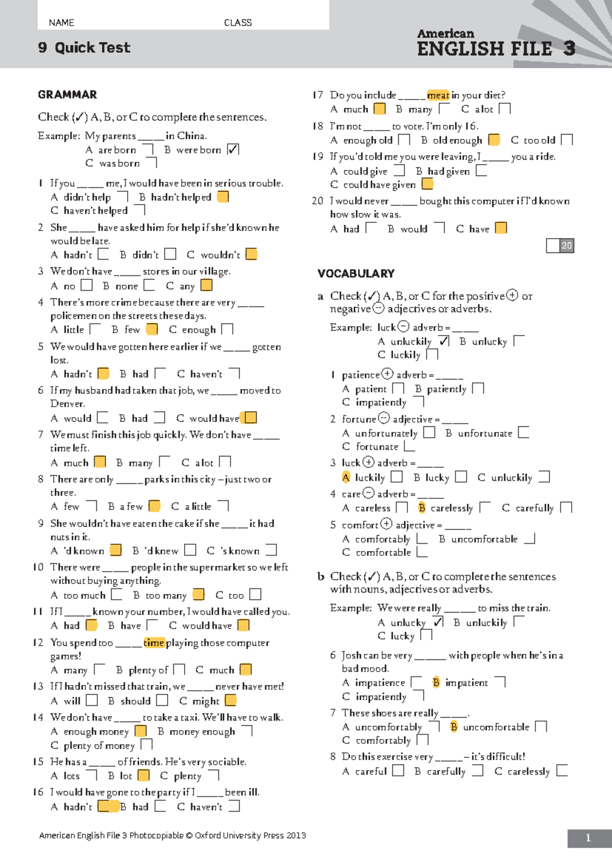 AEF3 File9 Quick Test - 1 NAME CLASS 9 Quick Test American English File ...