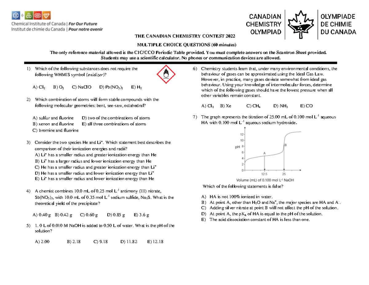2022 CCC Chemistry Contest: Multiple Choice Questions & Answers - Studocu