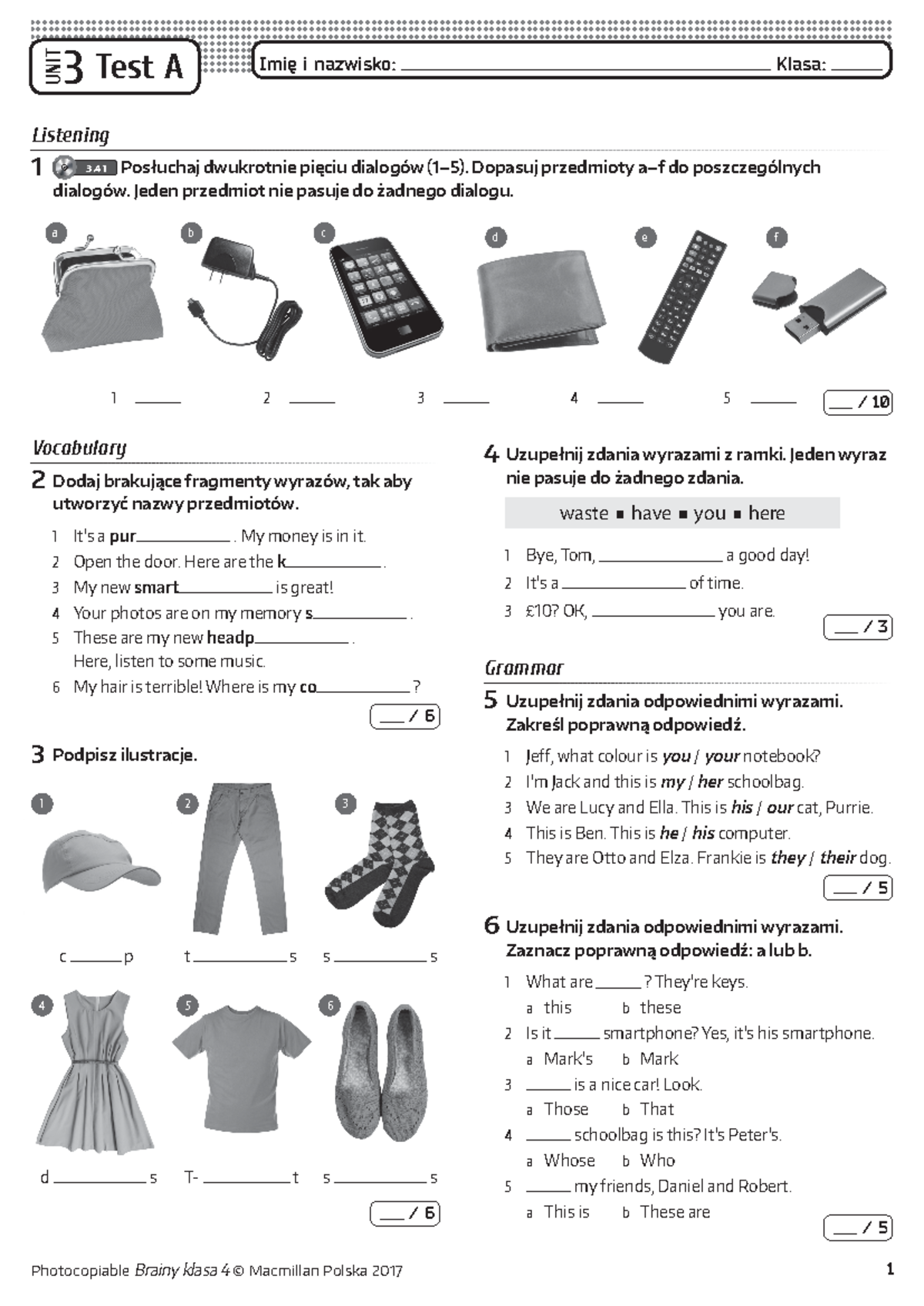 Brainy 4 Unit Test 3 A - Test Brany unit 4 test 3a - Photocopiable