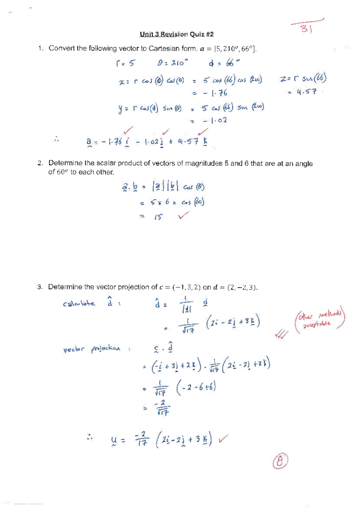 Unit 3 Revision Quiz #2 Solutions: Vector Analysis and Projections ...