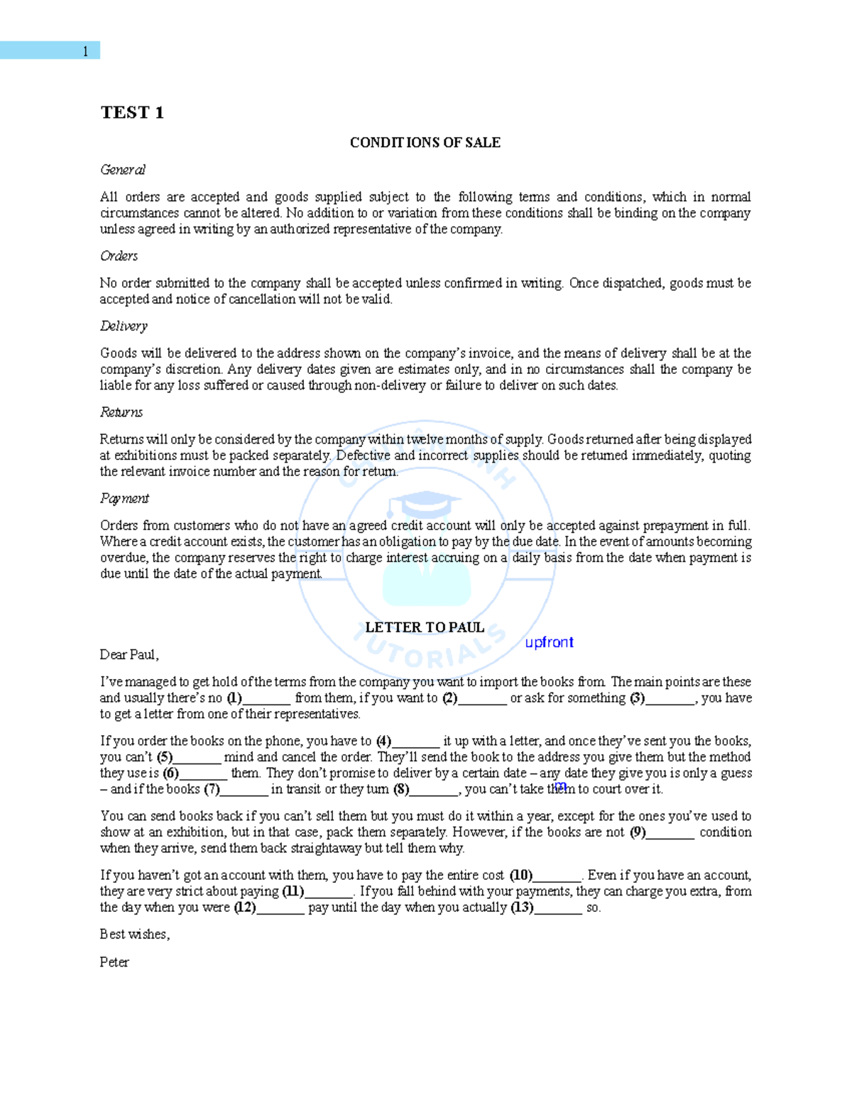 CLOZE EXERCISE: FORMAL AND INFORMAL LETTERS (PART 1) - Document Preview