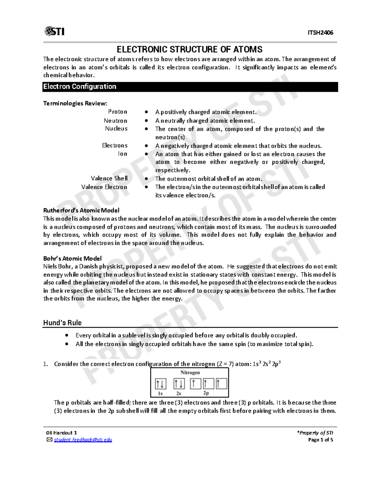 ITSH2406 Electronic Structure of Atoms: Key Concepts and Models - Studocu