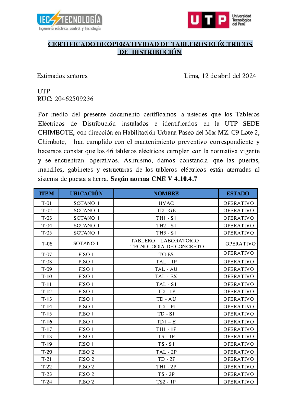 Certificado de Operatividad de Tableros Eléctricos - UTP 2024 - Document Preview