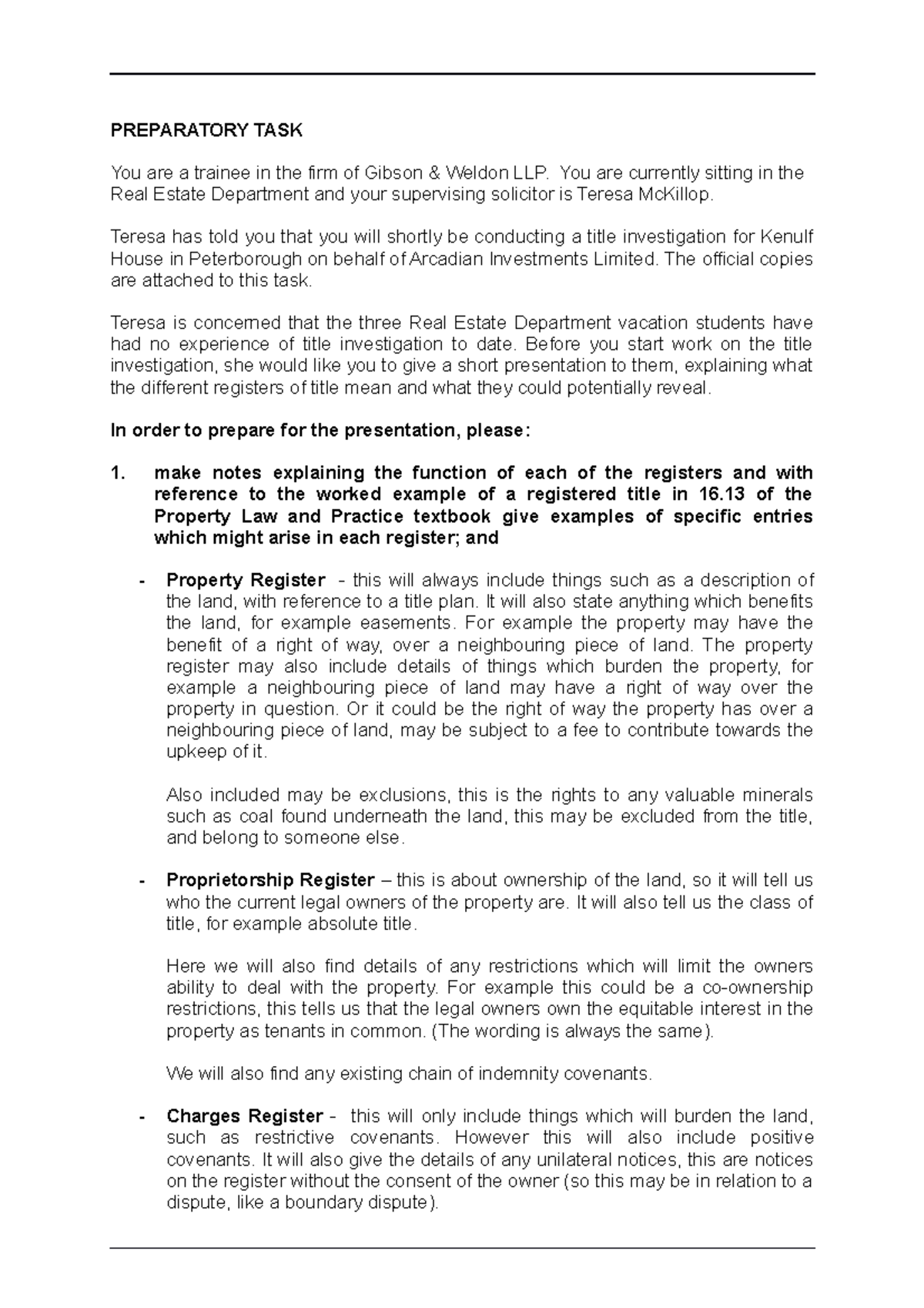 Workshop 2 - PREPARATORY TASK You are a trainee in the firm of Gibson ...