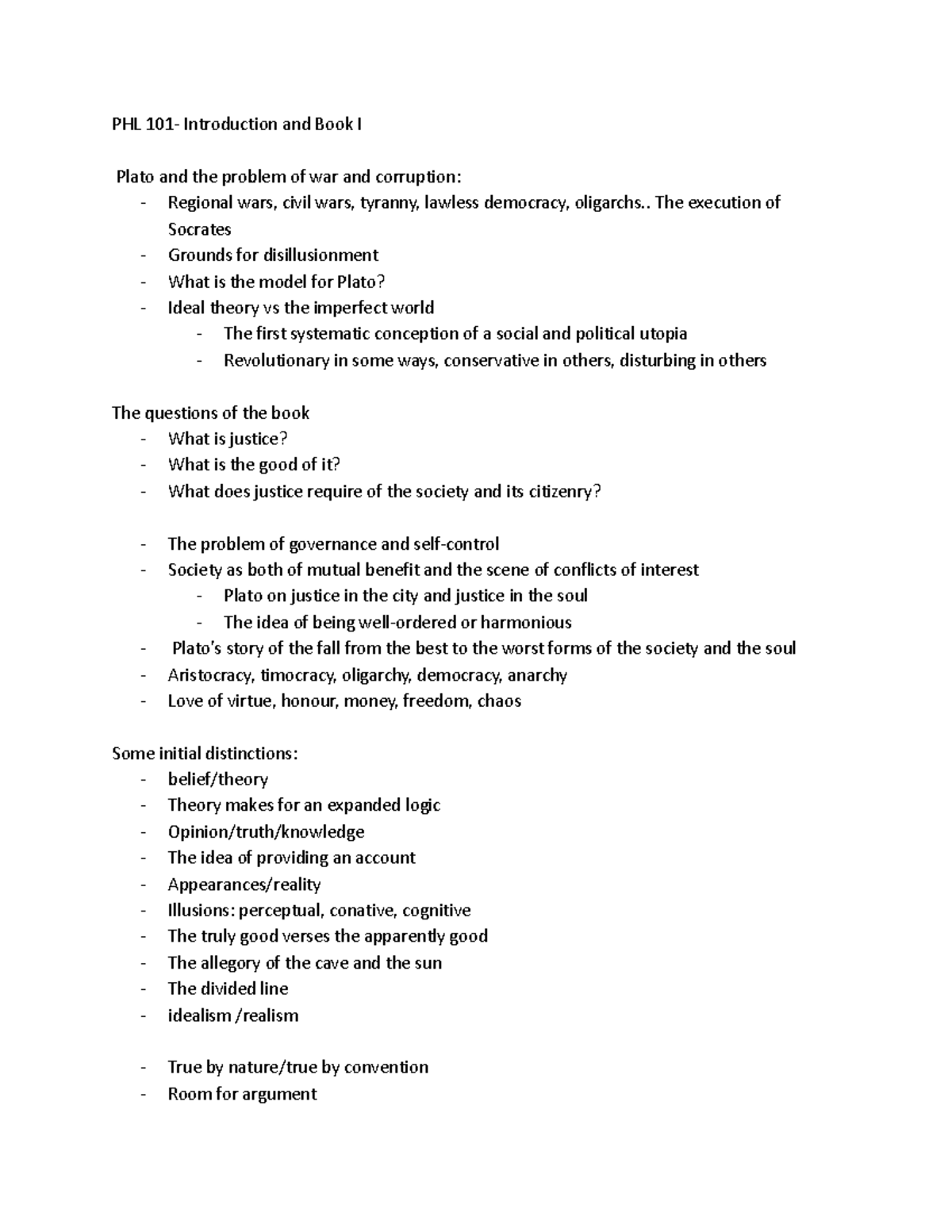 PHL 101 - Lecture 1 Notes: Plato on Justice and Governance - Studocu