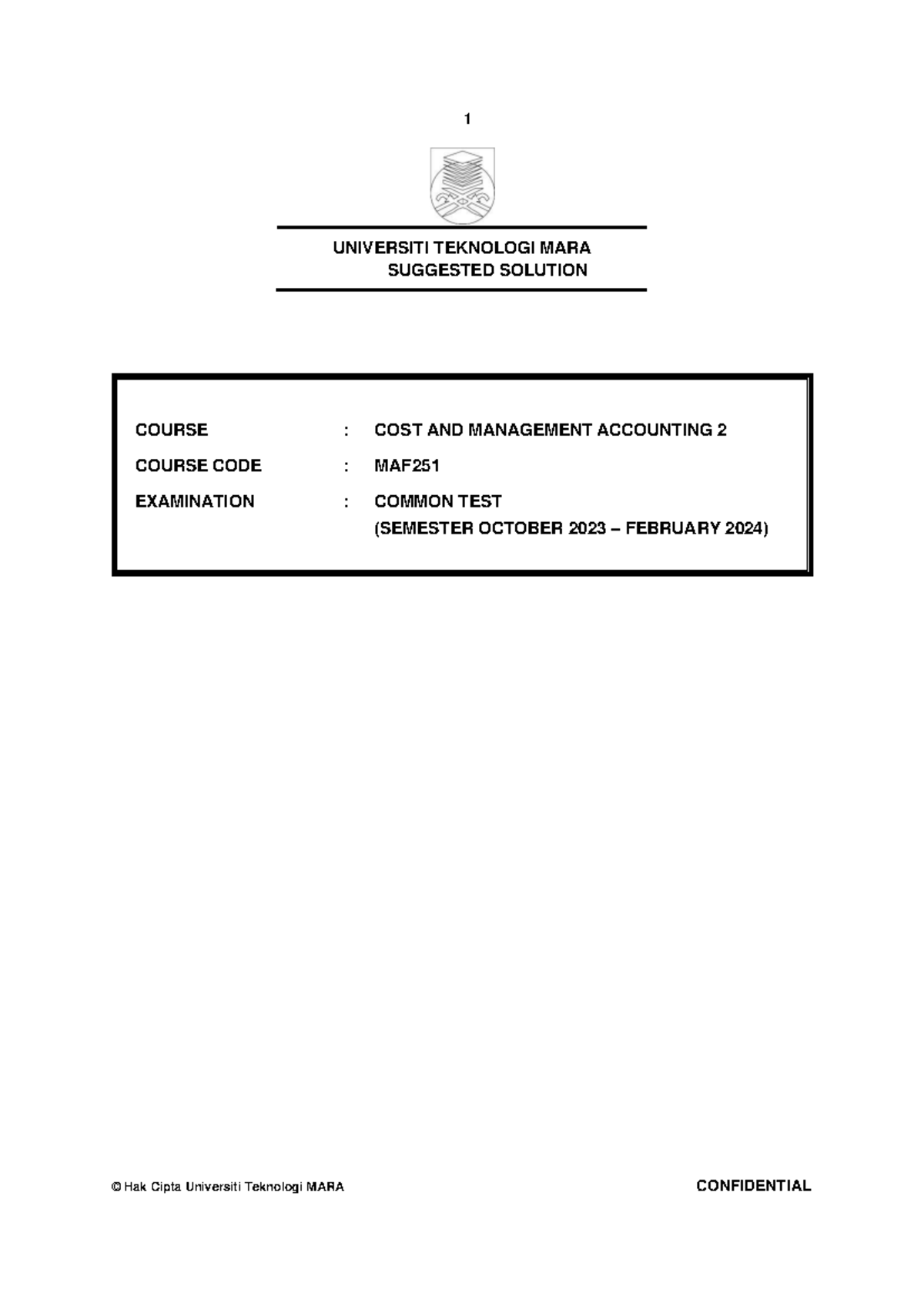 MAF251 Common Test Suggested Solutions - Cost & Management Accounting ...