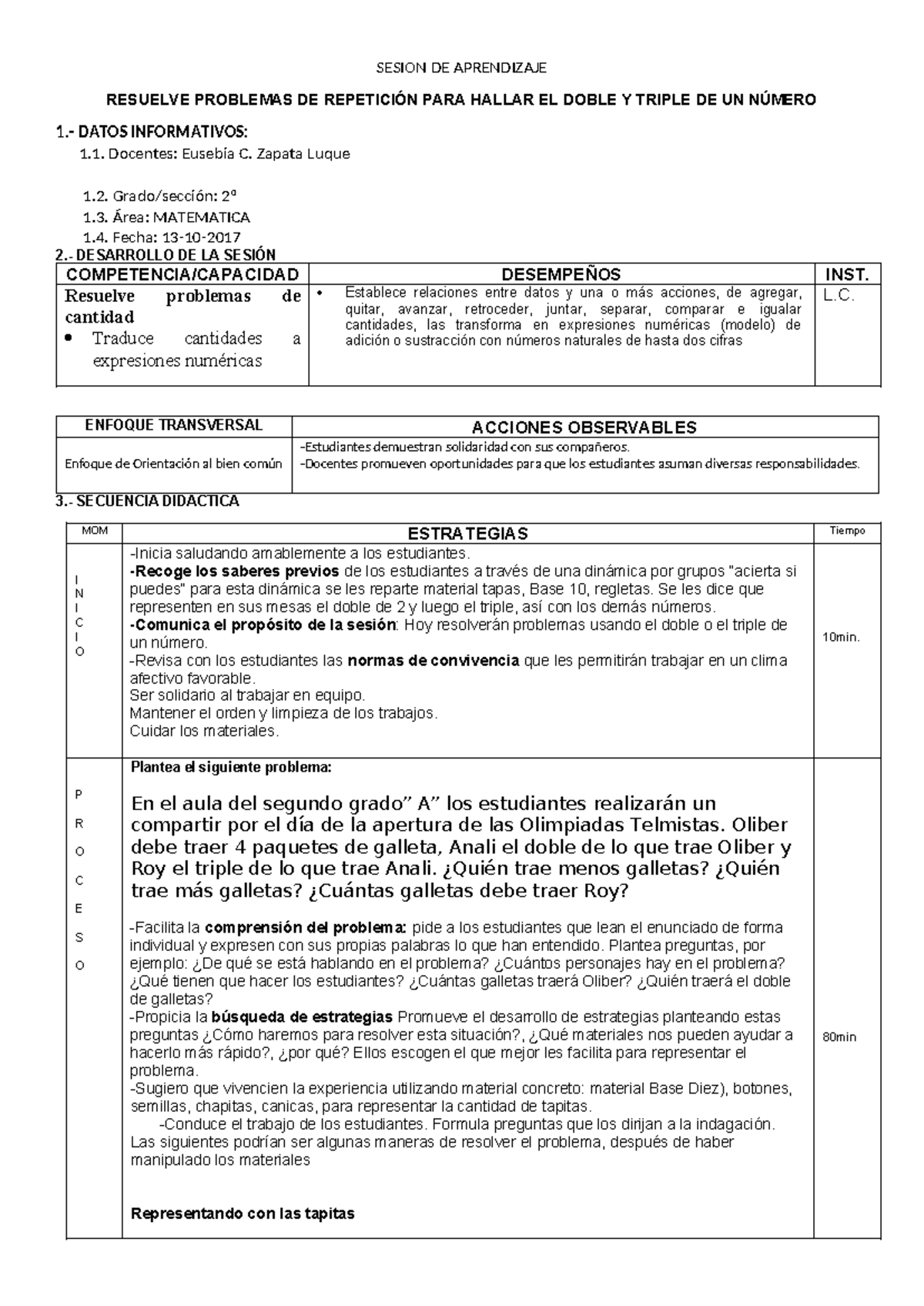 SESION DE APRENDIZAJE: MITAD, DOBLE Y TRIPLE - MATEMATICA 2º - Document Preview