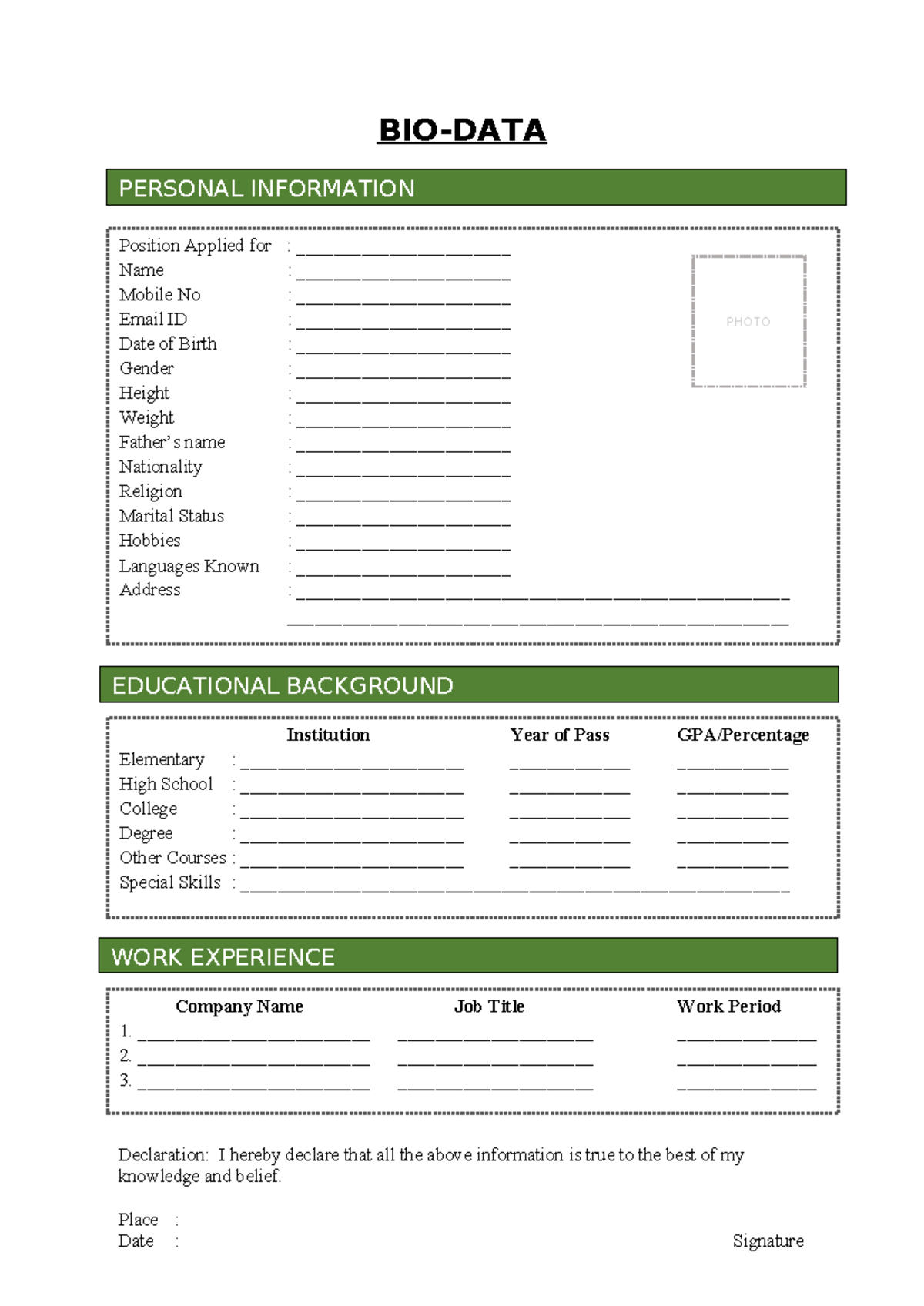 Bio-Data Sample - computer Science - Position Applied for ...