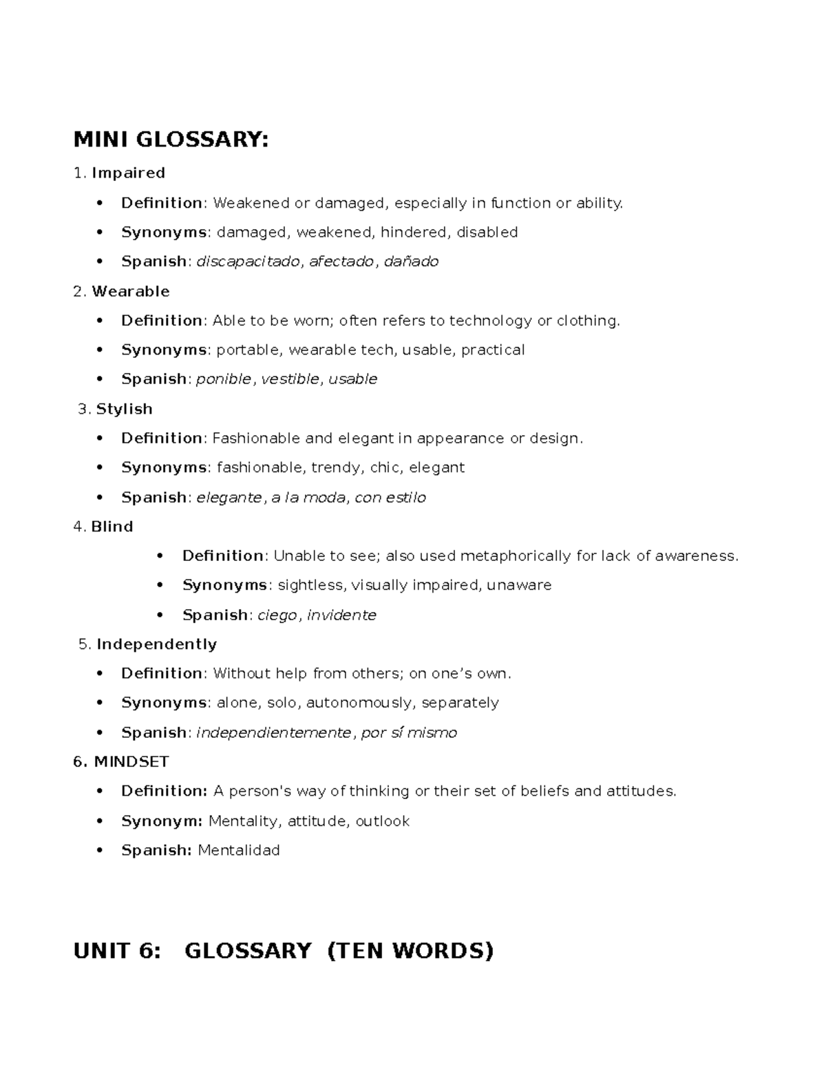 Unit 6 Glossary: Key Terms and Definitions for Students - Studocu