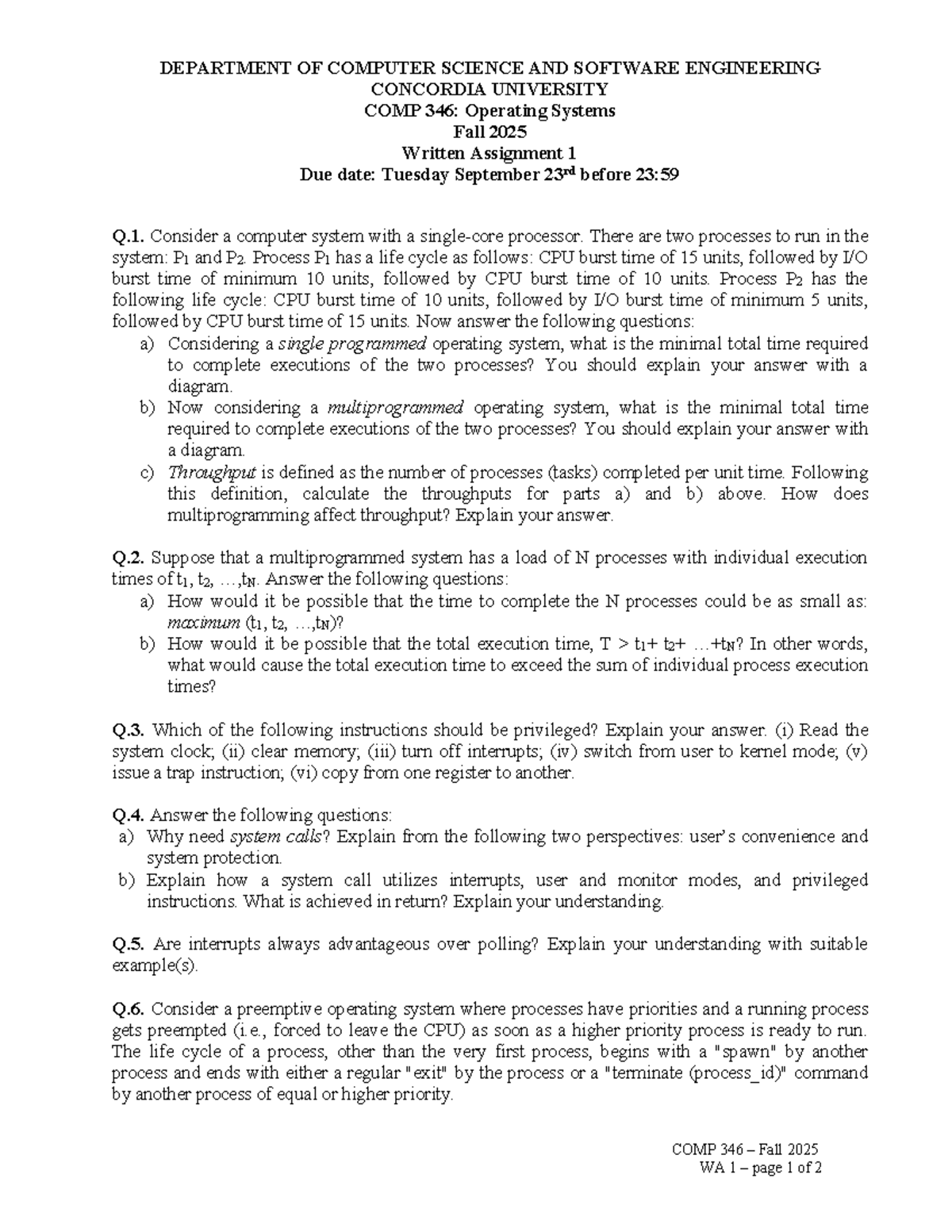 COMP 346 F25 WA1 - Operating Systems Written Assignment Overview - Studocu