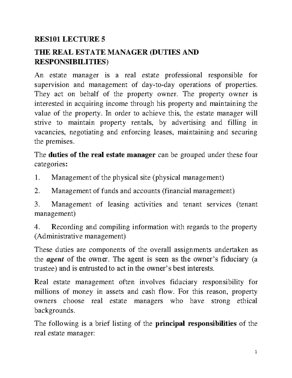 RES101 Lecture 5 202223 - RES101 LECTURE 5 THE REAL ESTATE MANAGER ...