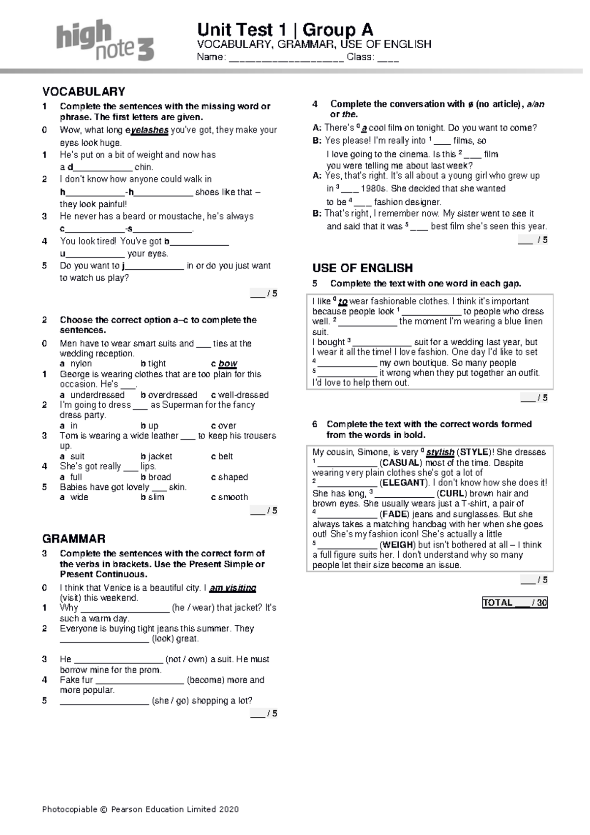 High Note 3 Unit 01 Language Test - Group A Vocabulary & Grammar - Studocu
