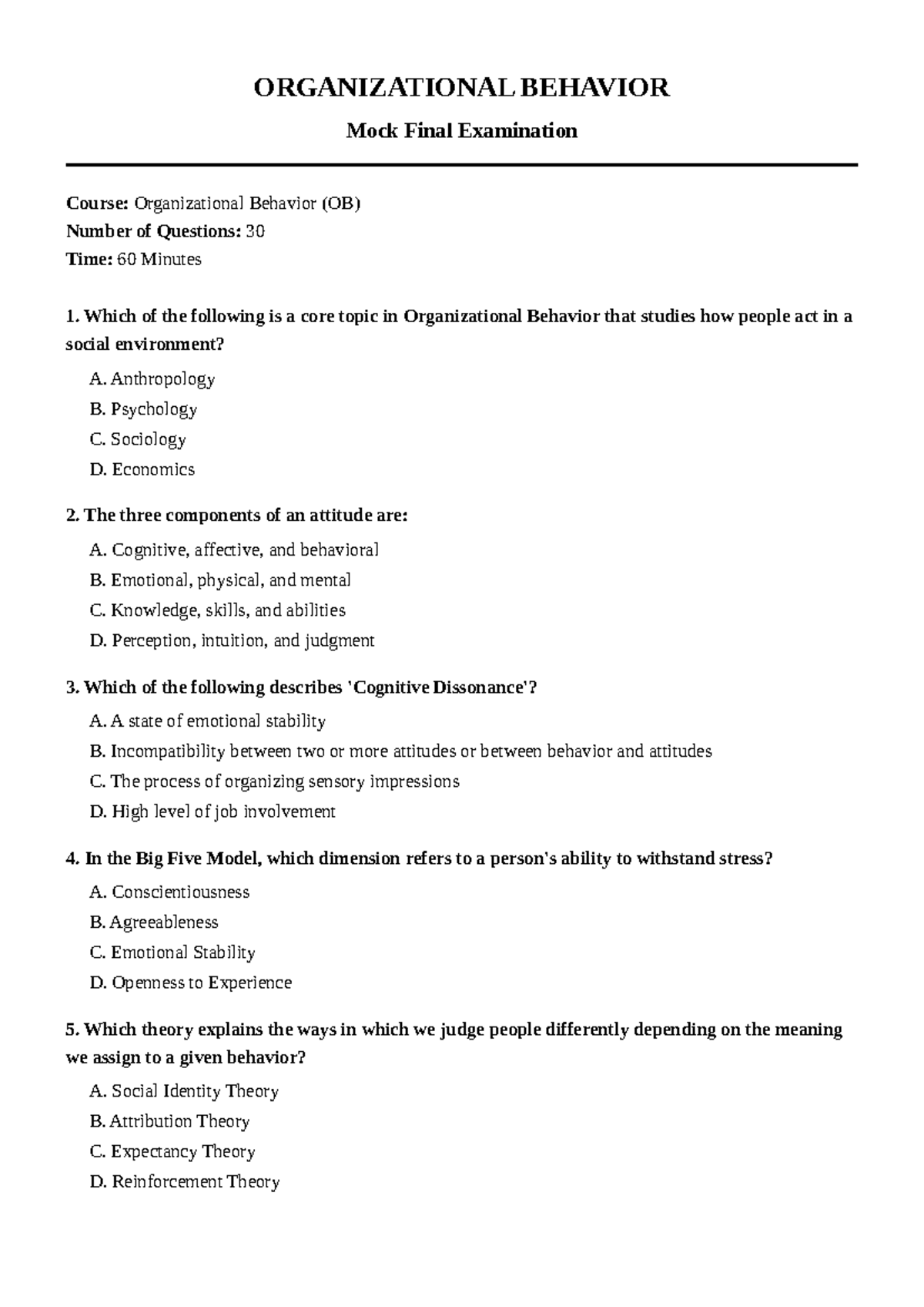OB Mock Final Exam: 30 Questions on Organizational Behavior - Studocu