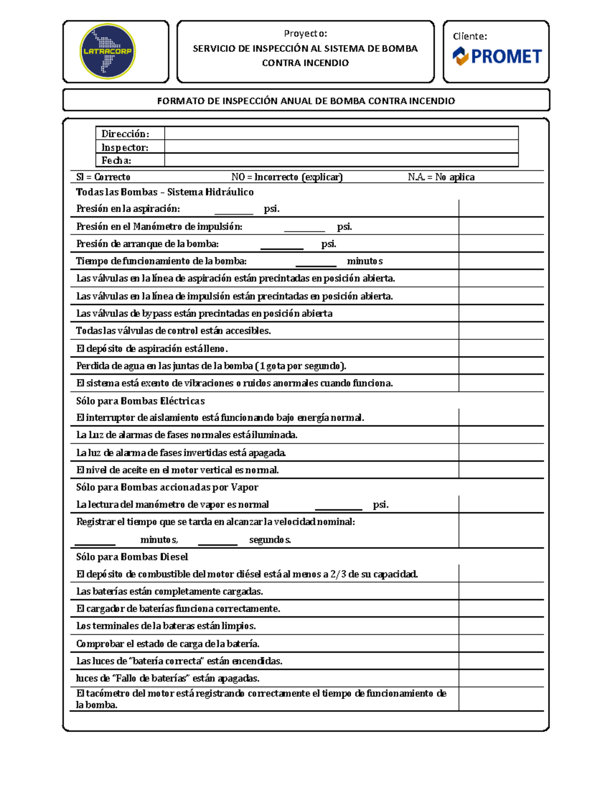 Formato Inspección Anual de Bomba Contra Incendio - Servicio Técnico ...