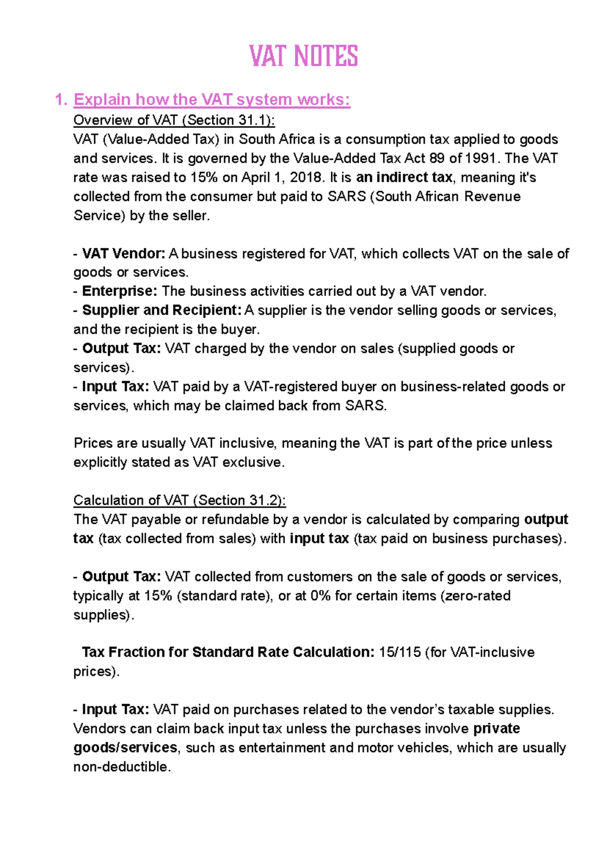 VAT Notes - This is a summary of VAT according to the learning outcomes ...