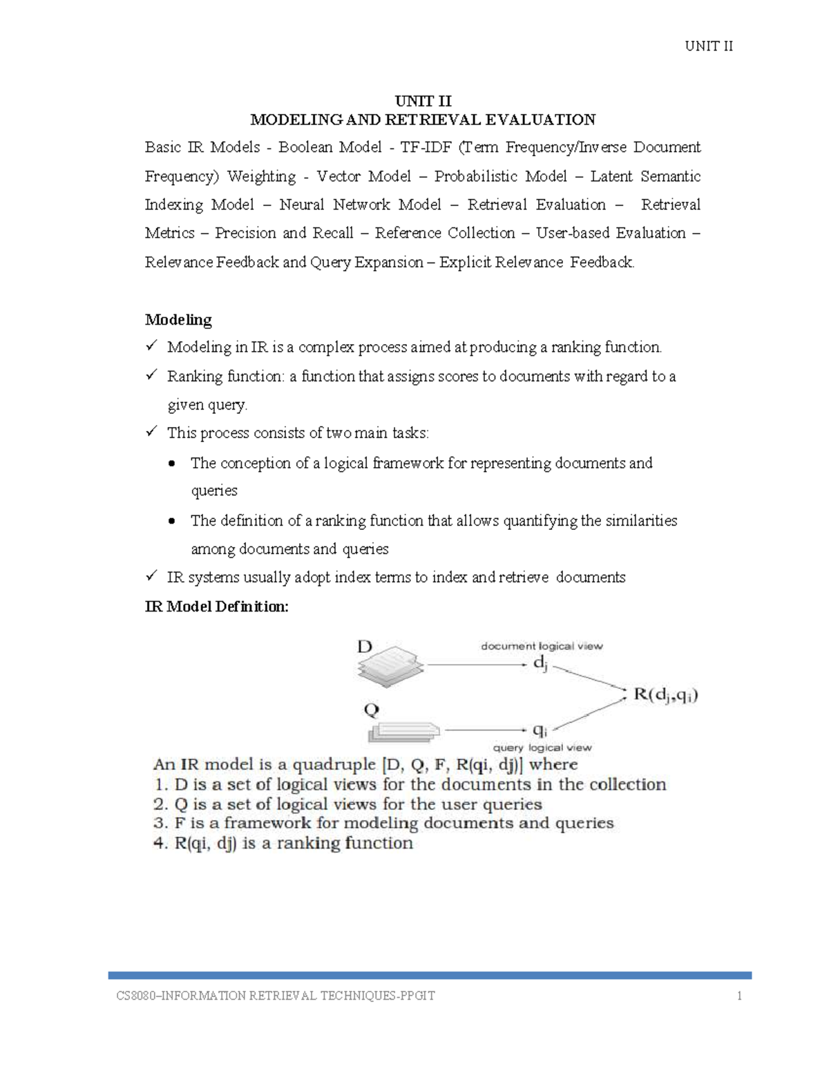 CS8080-ITR-UNIT II: Information Retrieval Models and Evaluation ...