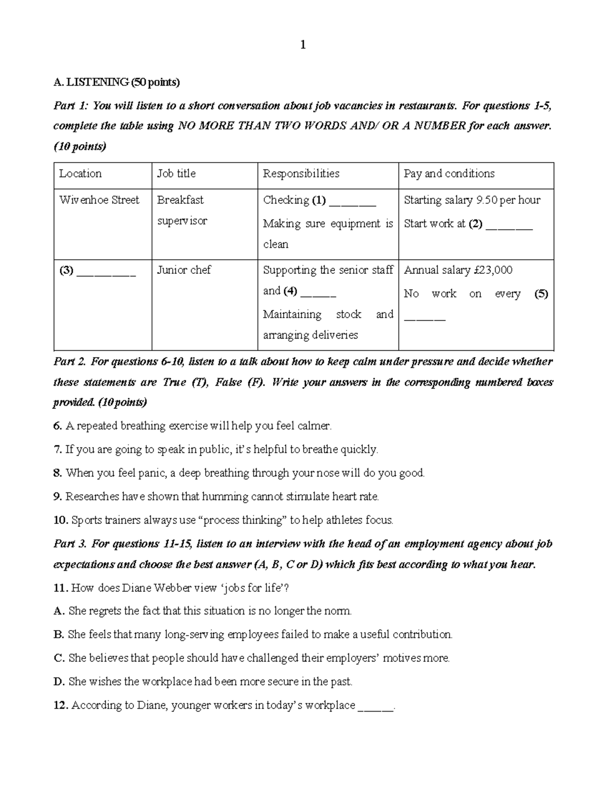 Listening Comprehension Practice for 10A1 Test Preparation - Studocu