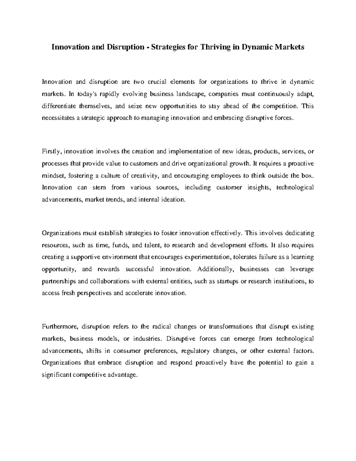 Strategies for Innovation & Disruption in Dynamic Markets - Studocu