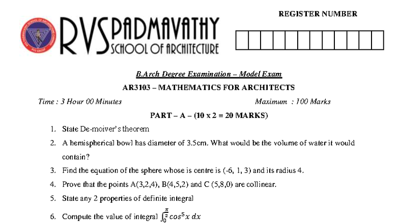 AR3103 B.Arch Model Exam: Mathematics for Architects Questions - Studocu
