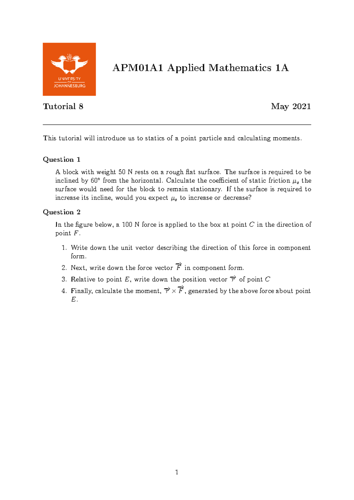 Applied Mathematics 1A2E Tutorial - APM01A1 Applied Mathematics 1A ...