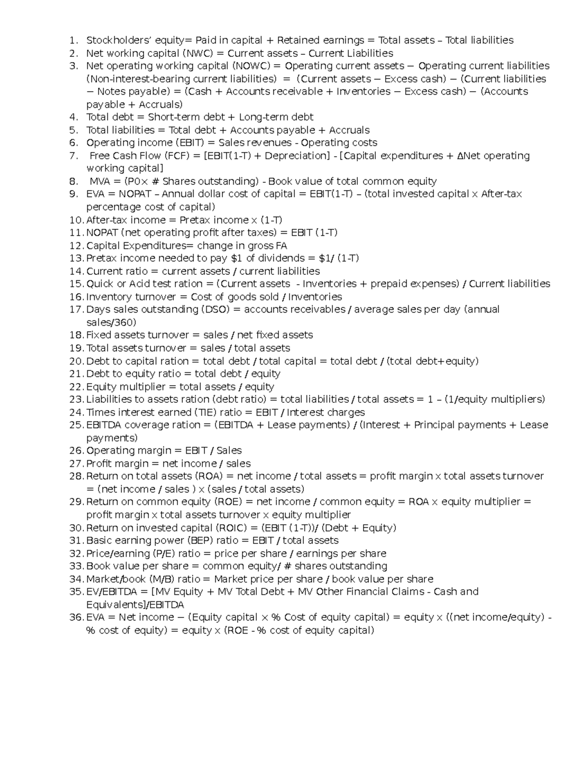 FIN 1 Exam: Key Financial Formulas and Ratios - Studocu
